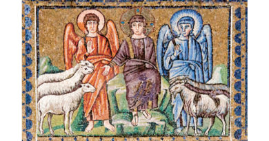 A Byzantine mosaic from Ravenna, Italy, showing a beardless Christ separating the sheep from the goats