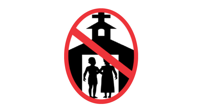 Symbol showing children in front of a church structure with a red line through it