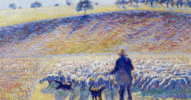 A landscape painting with a shepherd caring for a flock