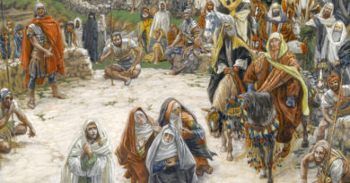 An artistic representation of what Jesus may have seen from the cross, including mourning disciples, soldiers, and angry crowds
